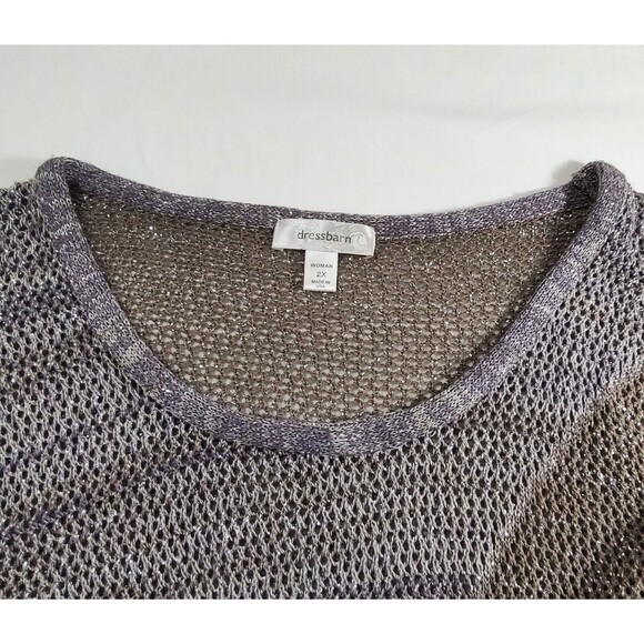 Dressbarn Short Sleeve Cover Up Tan Purple Crochet Open Knit Sweater - Picture 6 of 10